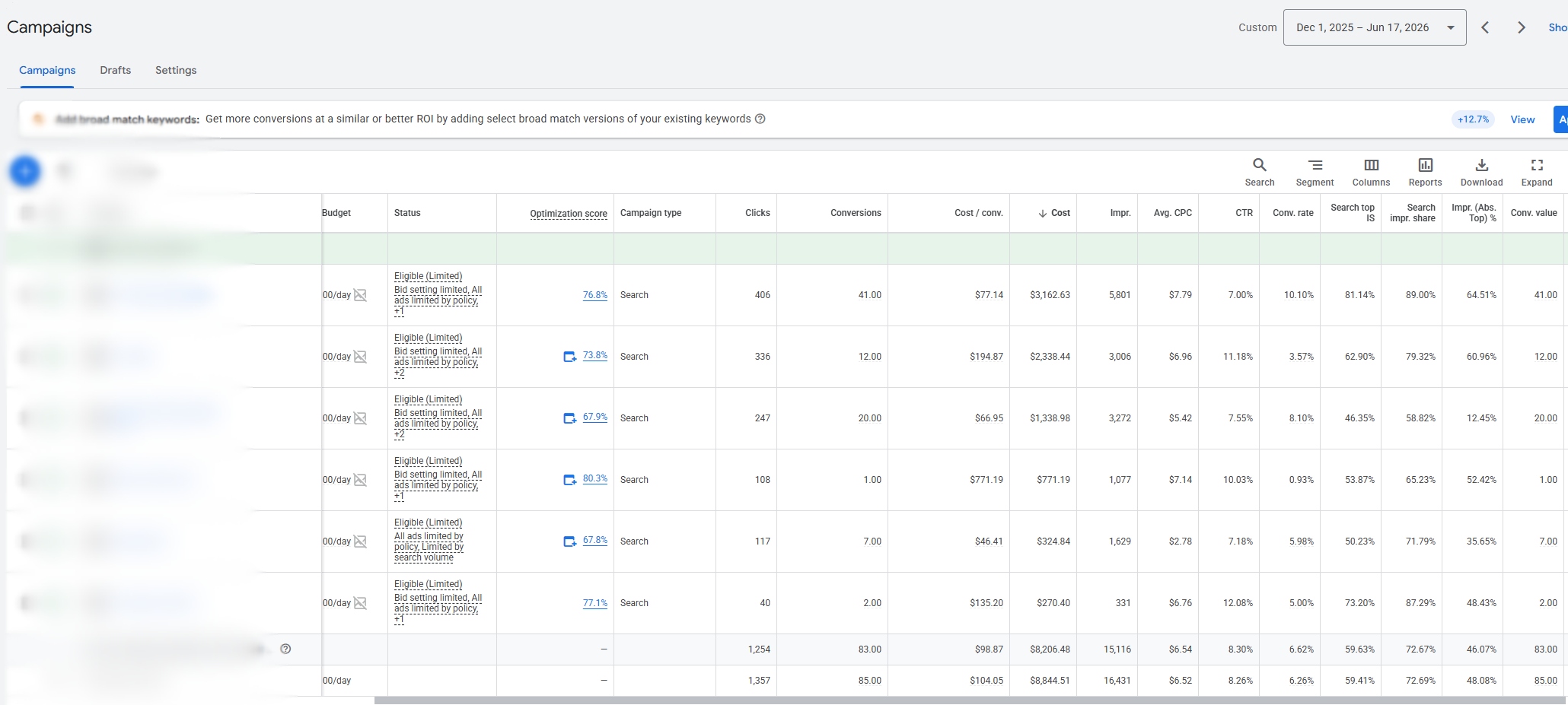 Med Spa: Local Campaign Detail anonymized advertising dashboard