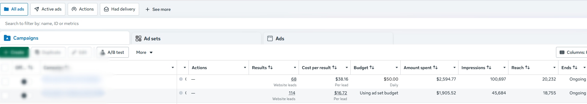Med Spa: Meta Lead Capture anonymized advertising dashboard