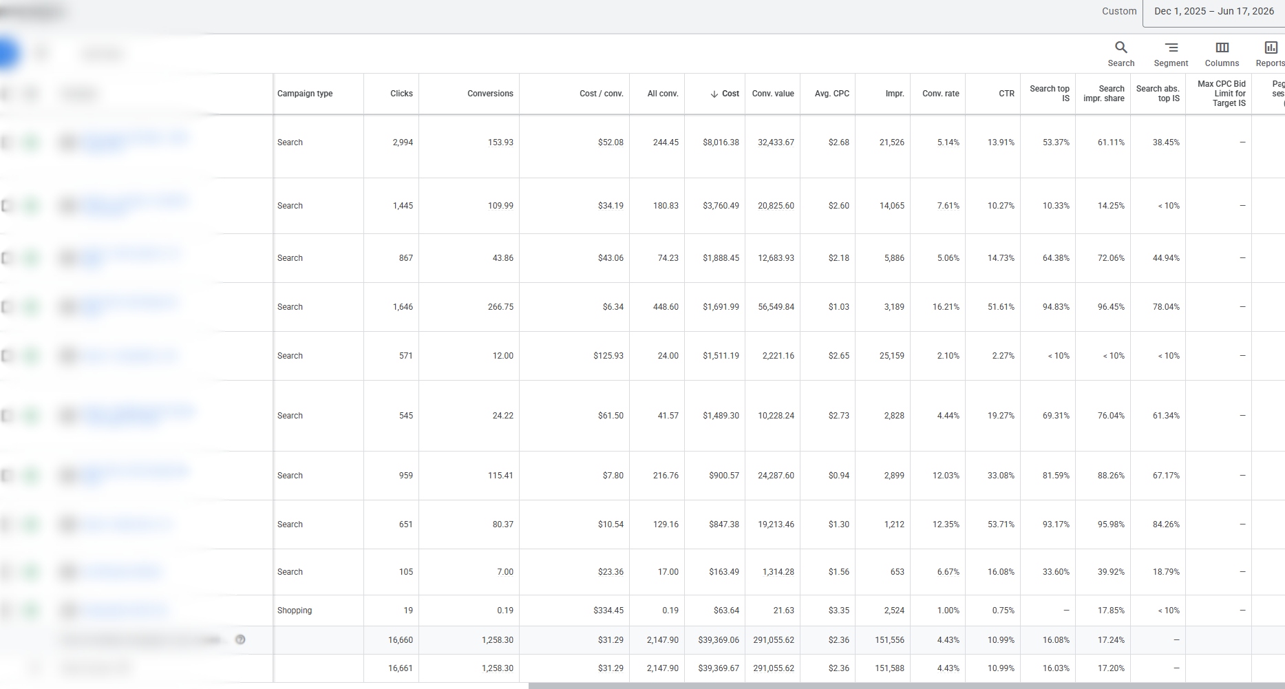 Surf Schools: Campaign Detail anonymized advertising dashboard