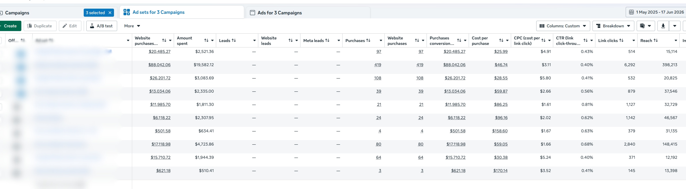 Surf Schools: Meta Purchase Data anonymized advertising dashboard