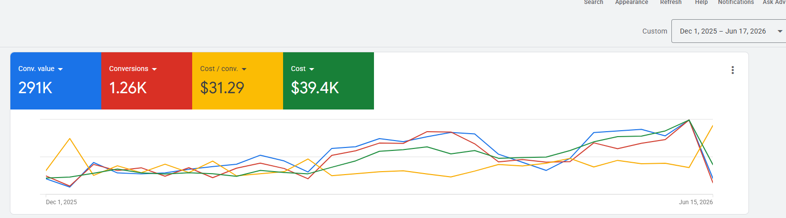 Surf Schools: Conversion Value anonymized advertising dashboard